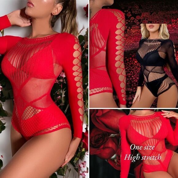 Long-sleeve l Red / Black Bodysuit l OS l Form-fitting l Sexy! Cut-outs l NWOT - Picture 7 of 10